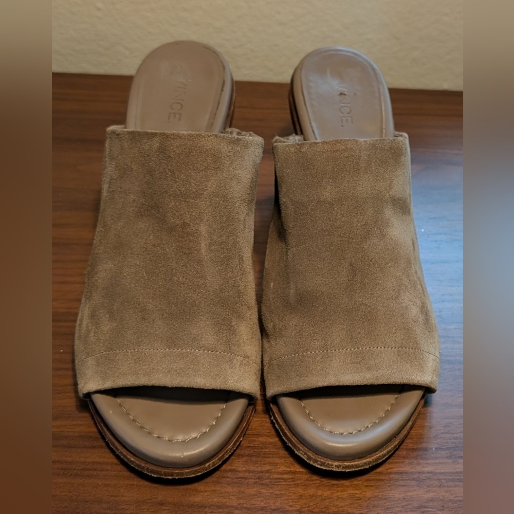 Vince Chunky Heel Sandals Brown Gray Suede Mule Wood Grain Open Toe Women's 8
